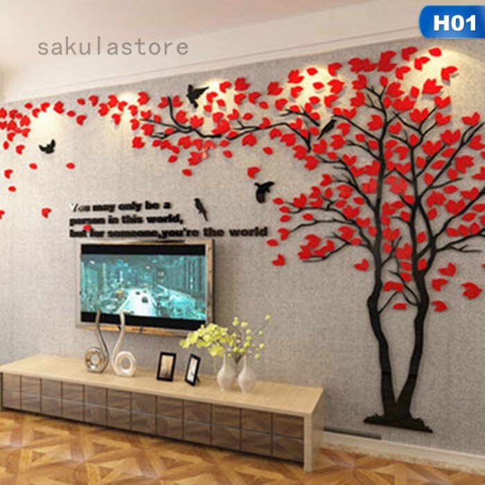 Stiker Dinding dengan Bahan Akrilik dan Gambar Pohon 3D Ukuran Besar