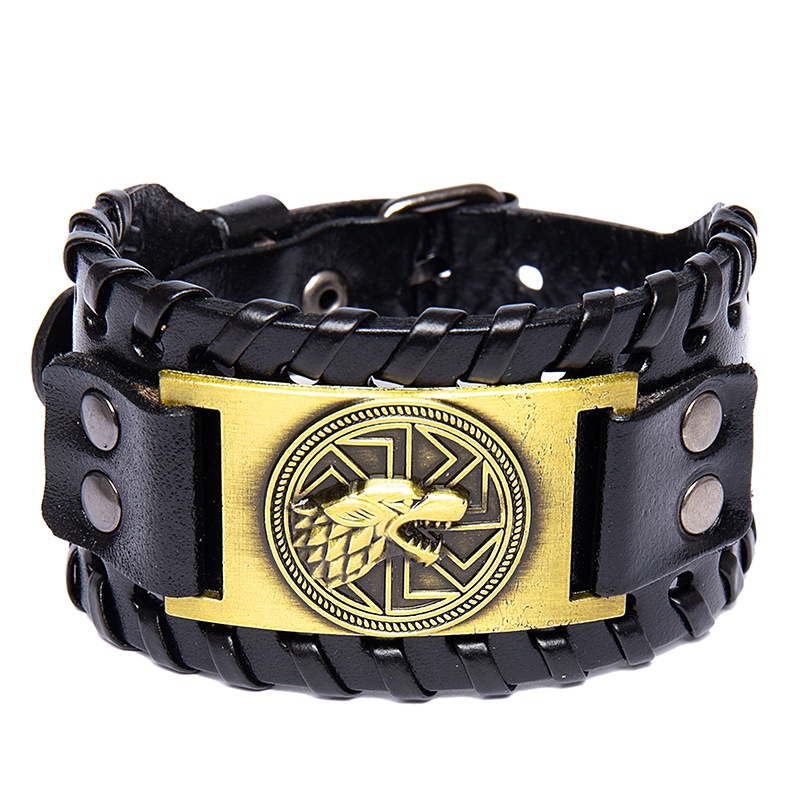 [Z H Perhiasan] Hip Hop Rock Retro Pria Fashion Stainless Steel Viking Serigala Kepala Rune Gelang Kulit Pesta Perhiasan Aksesoris