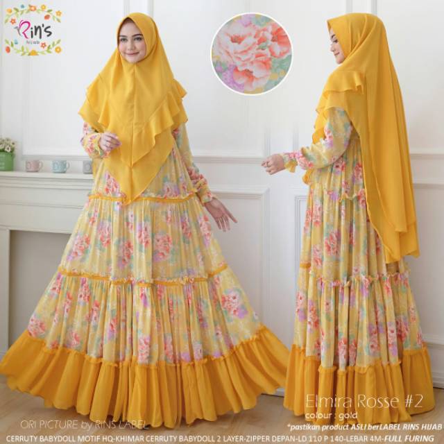 Best Seller Terbaru  Setelan Gamis Ceruty Motif Full Furing (ELMIRA ROSSE) by Rins Hijab Solo