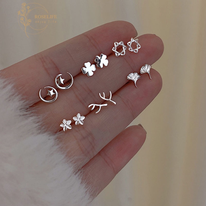 Roselife S925 Silver Hypoallergenic Geometric Moon Crown Butterfly Heart Small Stud Earrings 1 Pair