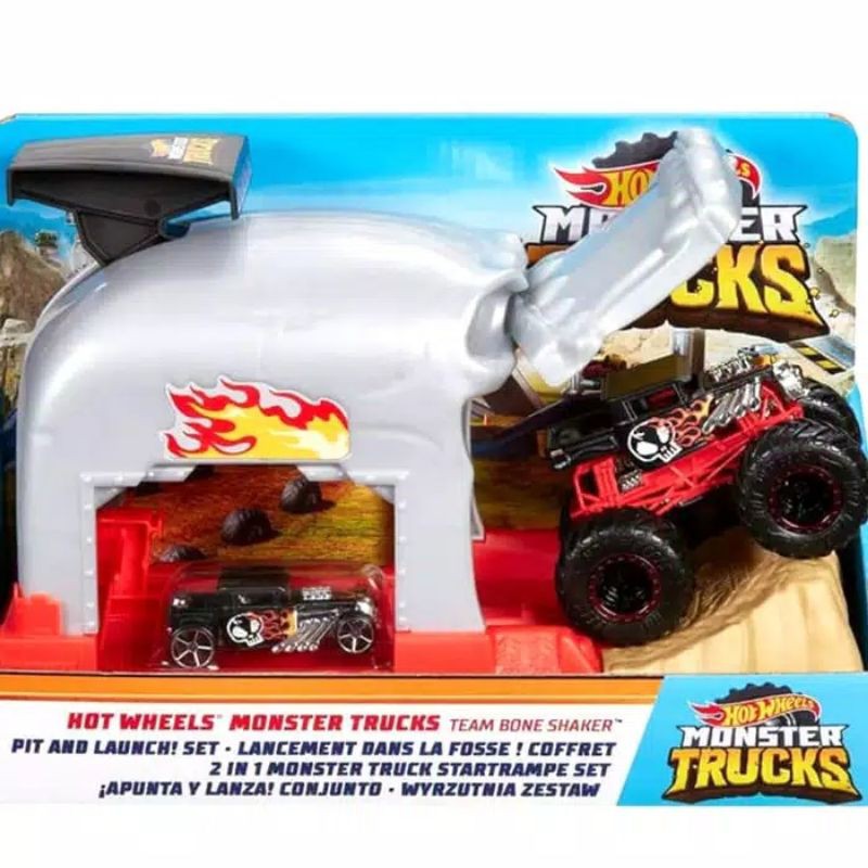 Diecast Hot Wheels Pit And Launch Monster Truck Playset Set Track Builder Shark Wreak Bone Shaker HW