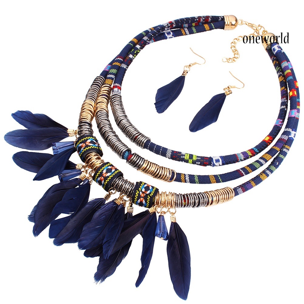 OW@ 2Pcs Feather Tassel Charm Multilayer Choker Lady Statement Necklace Earrings Set