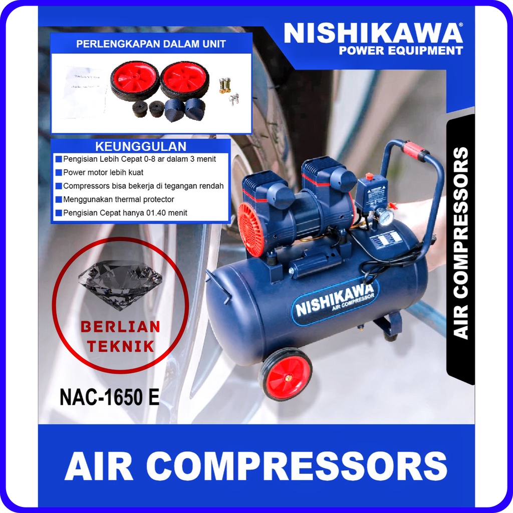 Air Compressor Oil Less Nishikawa NAC 1650 E Kompresor Angin Tanpa Oli 50 Liter