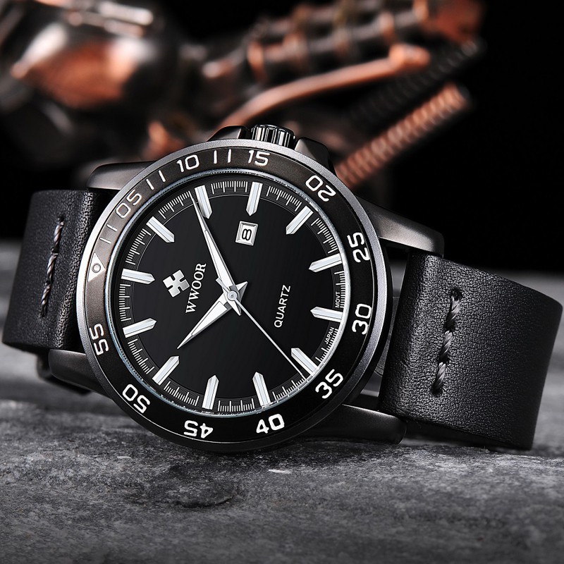 WWOOR ORIGINAL 8834 Black Jam Tangan Kasual Pria Tali Kulit