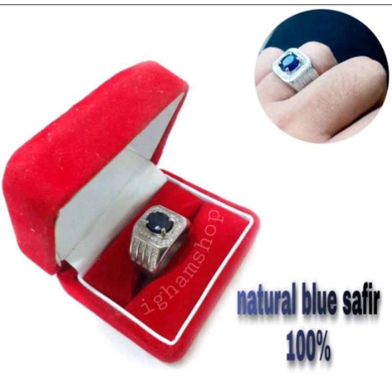 Cincin permata NATURAL BLUE SHAPIRE Ring alpaka mewah zircon size kantoran