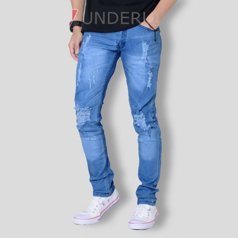 Celana Jeans Pria Sobek Termurah Premium Quality Dewasa Import Kekinian Melar Motif Ripped Terbaru Slimfit Original Denim Korea Biru Dongker Elastis Tebal Murah Keren Robek Stretch erigo