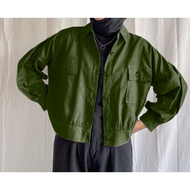 Busan Jaket Wanita Korean Style Oversize Saku Depan - Jaket Oversize Crop Outer-Army