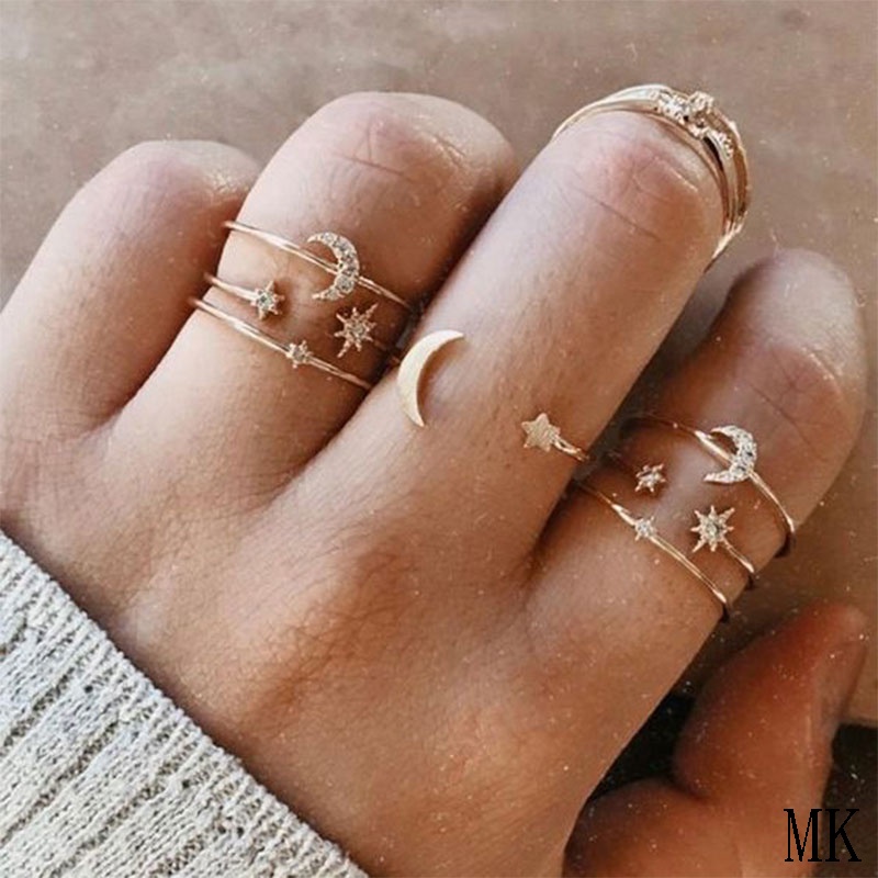 Cincin Kupu-kupu Set Bintang Dan Bulan Emas Gaya Bohemian Retro Wanita MK