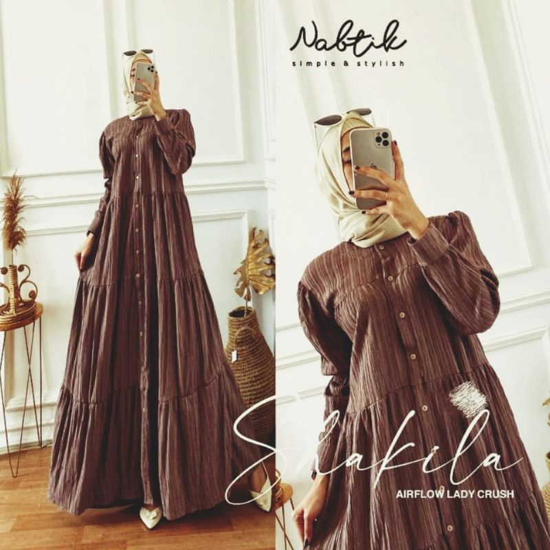 Shakila Maxy Dress Gamis Crinkle Airflow Lady Crush Premium Full Kancing-Shakila choco
