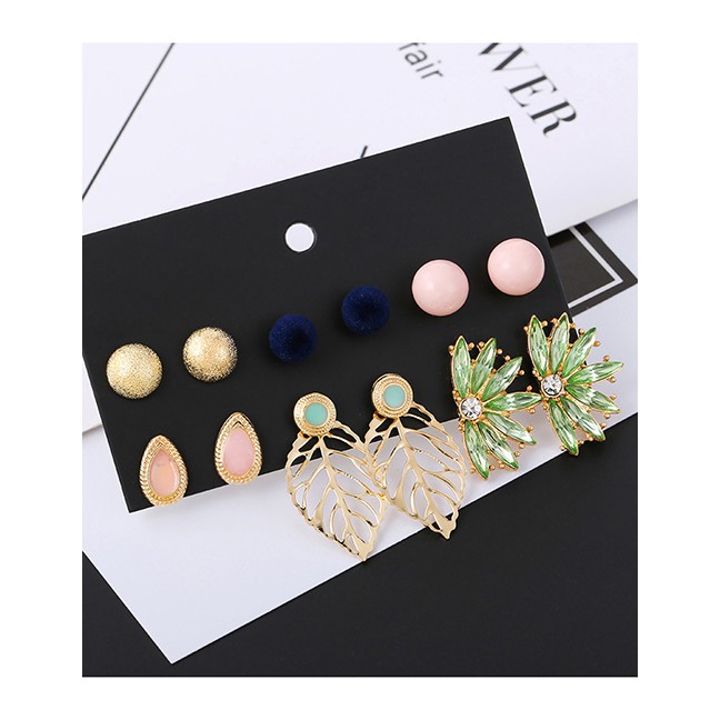 LRC Anting Set Fashion Color Plush Ball Drop Leaf Studs 6 Pairs F37647