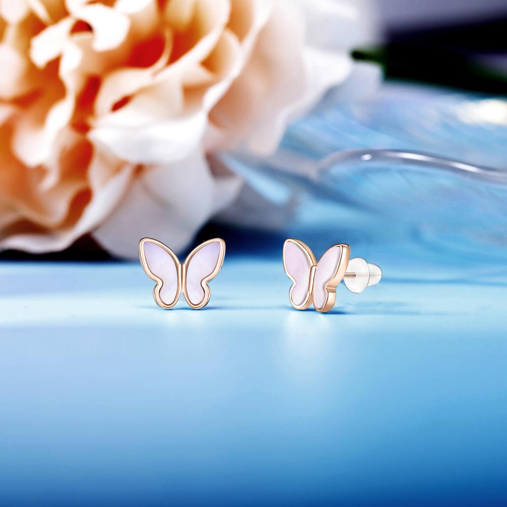 1 Pasang Anting Stud Bentuk Kupu-Kupu Bahan Sterling Silver Warna Rose Gold Untuk Wanita