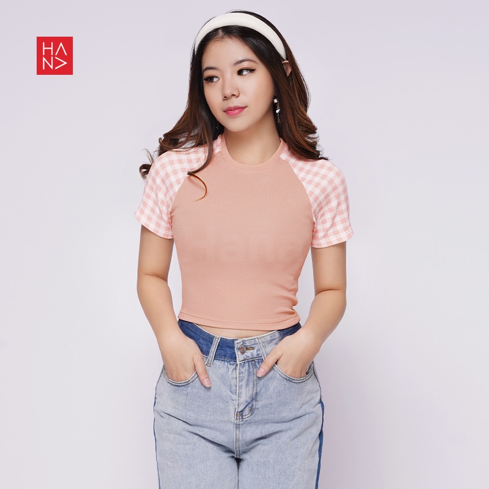 Hana Fashion - Bomi Raglan Chekered Blouse Crop Top Atasan Wanita - CT279