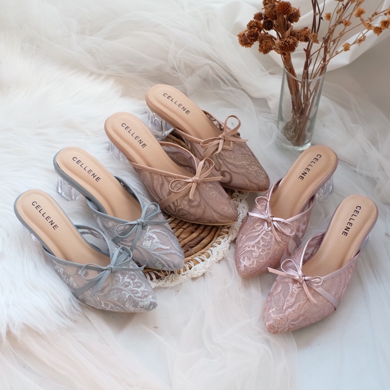 [CELLENE] CANBERRY Clear Heels / wedding shoes 5cm hak kaca brukat brokat sepatu pengantin pita