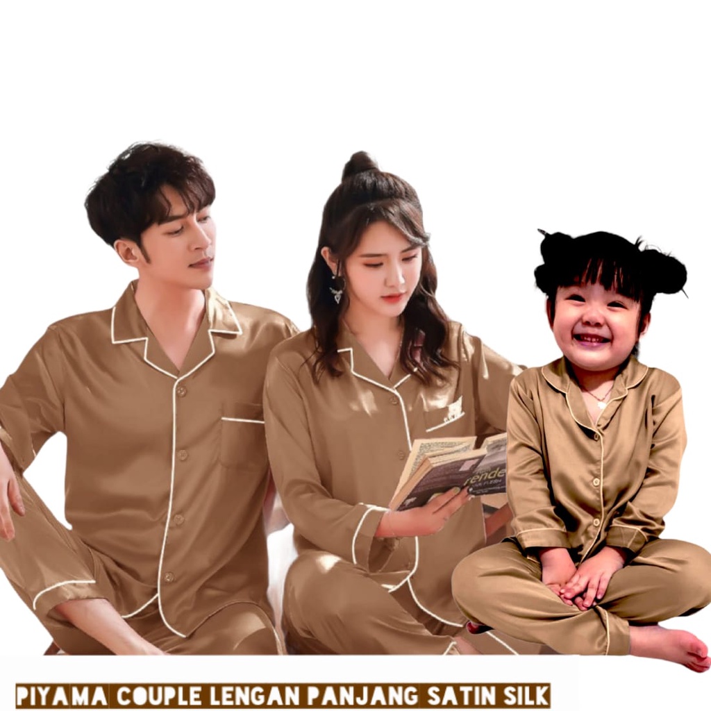 PIYAMA LENGAN PANJANG / BAJU TIDUR COUPLE IBU AYAH DAN ANAK BAHAN SATIN SILK GOLD