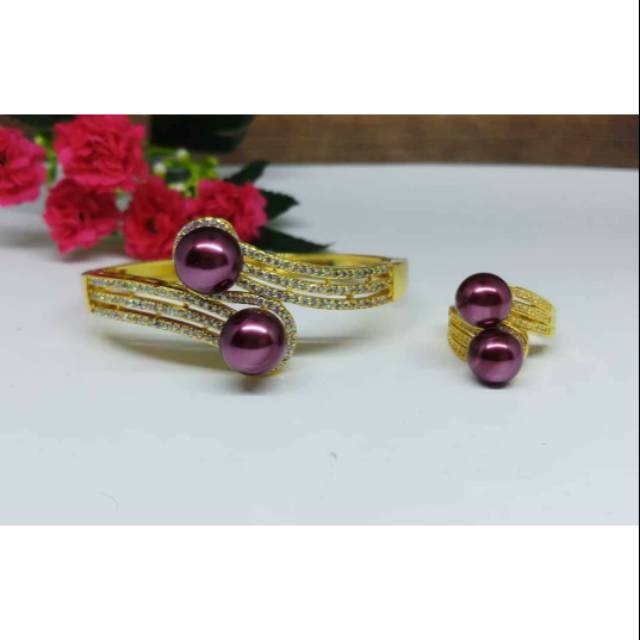BR#31 SET PERHIASAN GELANG DAN CINCIN MUTIARA AIR TAWAR LOMBOK ASLI WARNA UNGU