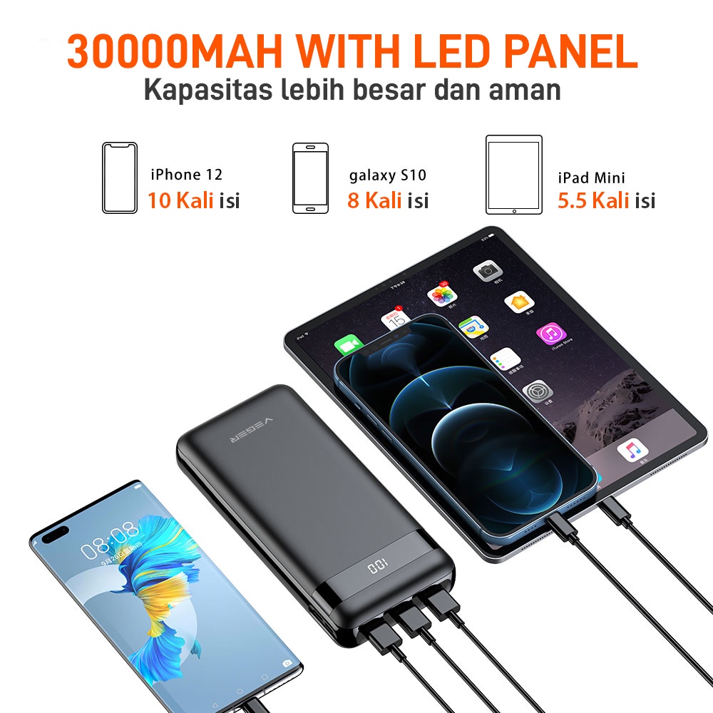 Powerbank Power Bank Veger V31 30000mAh 3 Ports USB Output 2.4A LED Digital Display