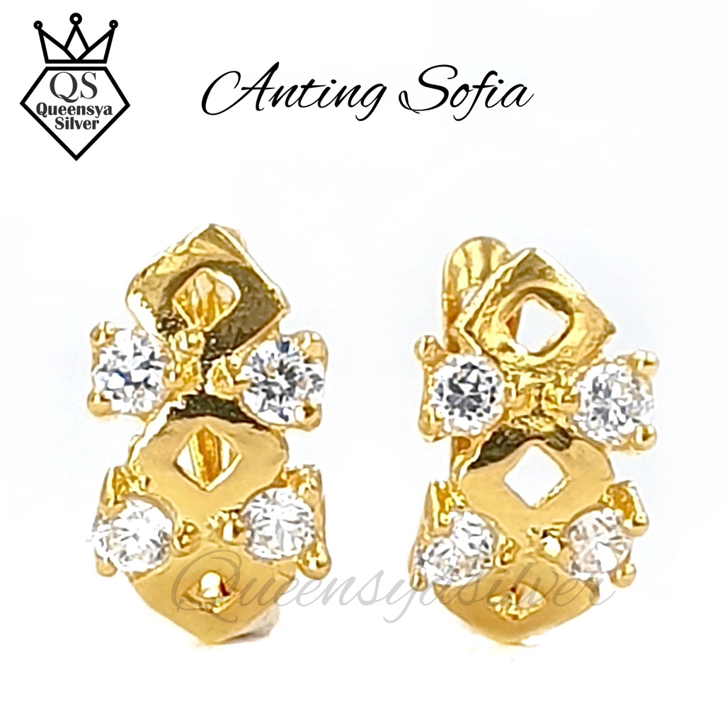 Anting Perak Silver Asli 925 || Lapis Emas Kuning 18K || Model Jepit Permata || Perhiasan Perak Wanita