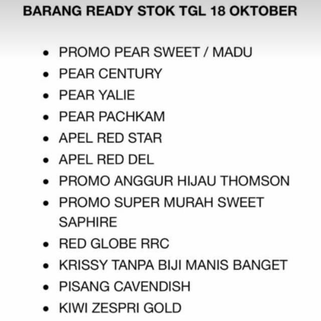 

Informasi Ready Stock Buah-Buahan