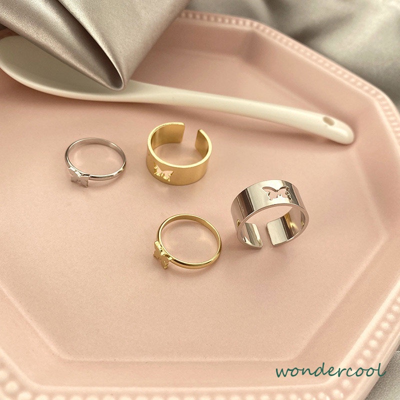 2pcs / Set Cincin Desain Kupu-Kupu Hollow Gaya Retro Untuk Pasangan-Won