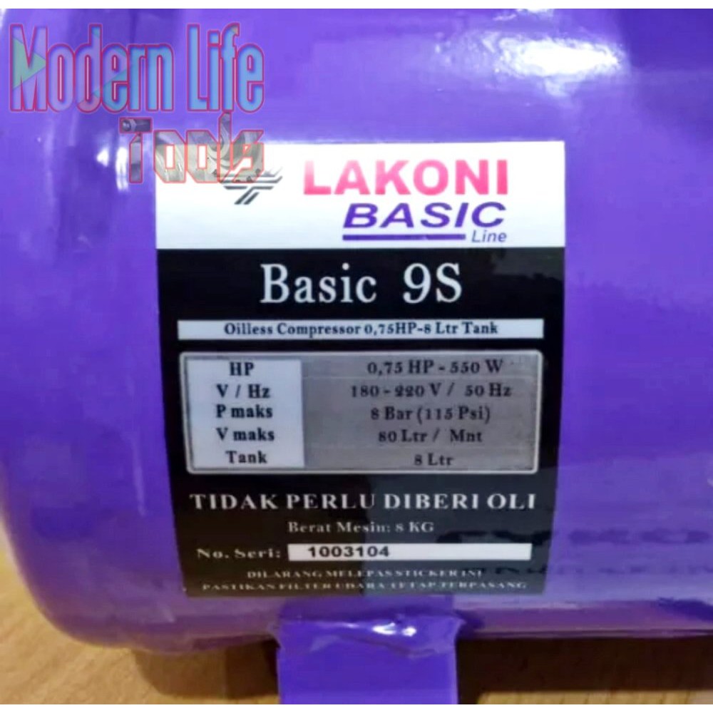 Mesin Kompressor Oil Less 0.75 Hp 8L LAKONI Basic 9S Tanpa OLI