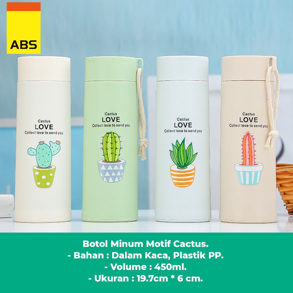 ABS Botol Minum Kaca Unik Motif Kaktus 450ml BPA FREE-1
