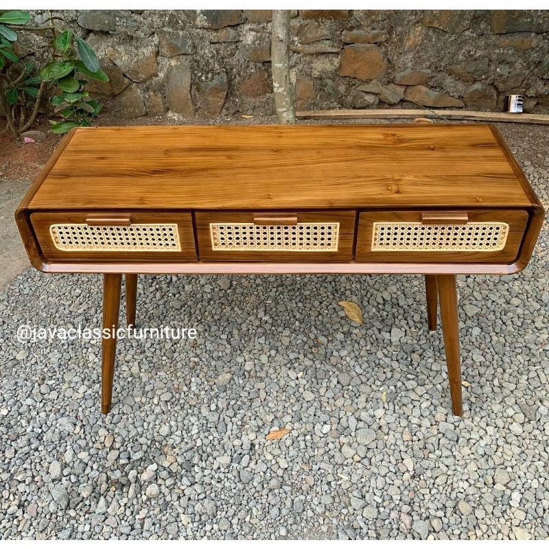 BUFET TV RETRO ROTAN MEJA RIAS TOLET BAHAN KAYU JATI FINISHING NATURAL-1