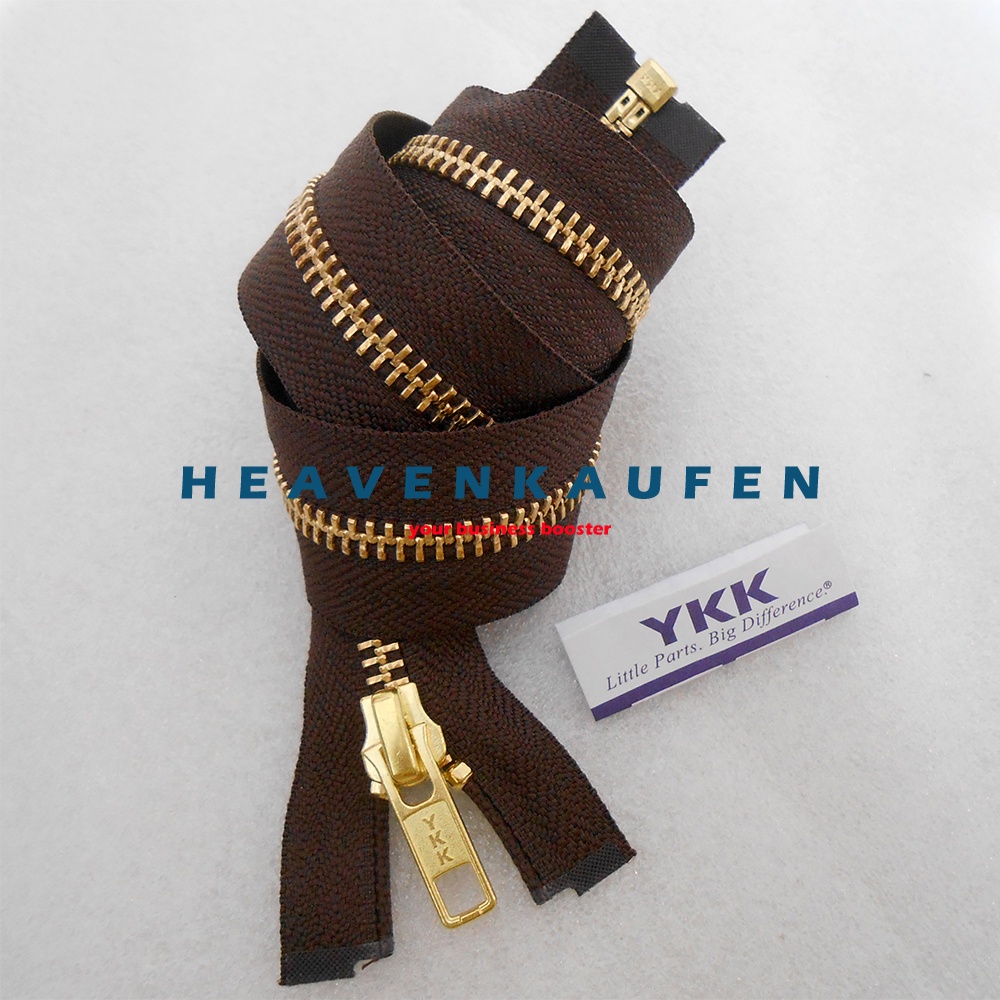 Resleting Zipper YKK 60 cm Atau 24 inch Warna Coklat - Gold Emas Type Gigi Besi Set Open End Buka Lepas