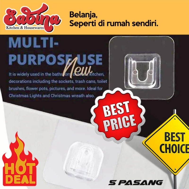 Hook Wall Hanger Adhesive 5 Pasang Gantungan Dinding  Perekat 6x6cm