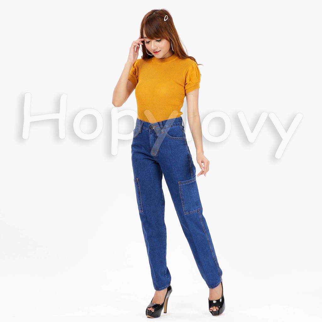 HOPYLOVY - Celana Boyfriend Jeans Wanita Kantong Samping Cargo Amaia