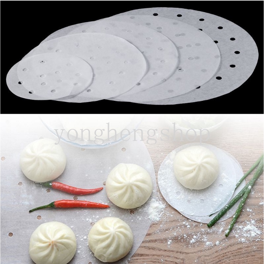 100pcs Kertas Berlubang Anti Lengket Untuk Mengukus Roti Dim Sum