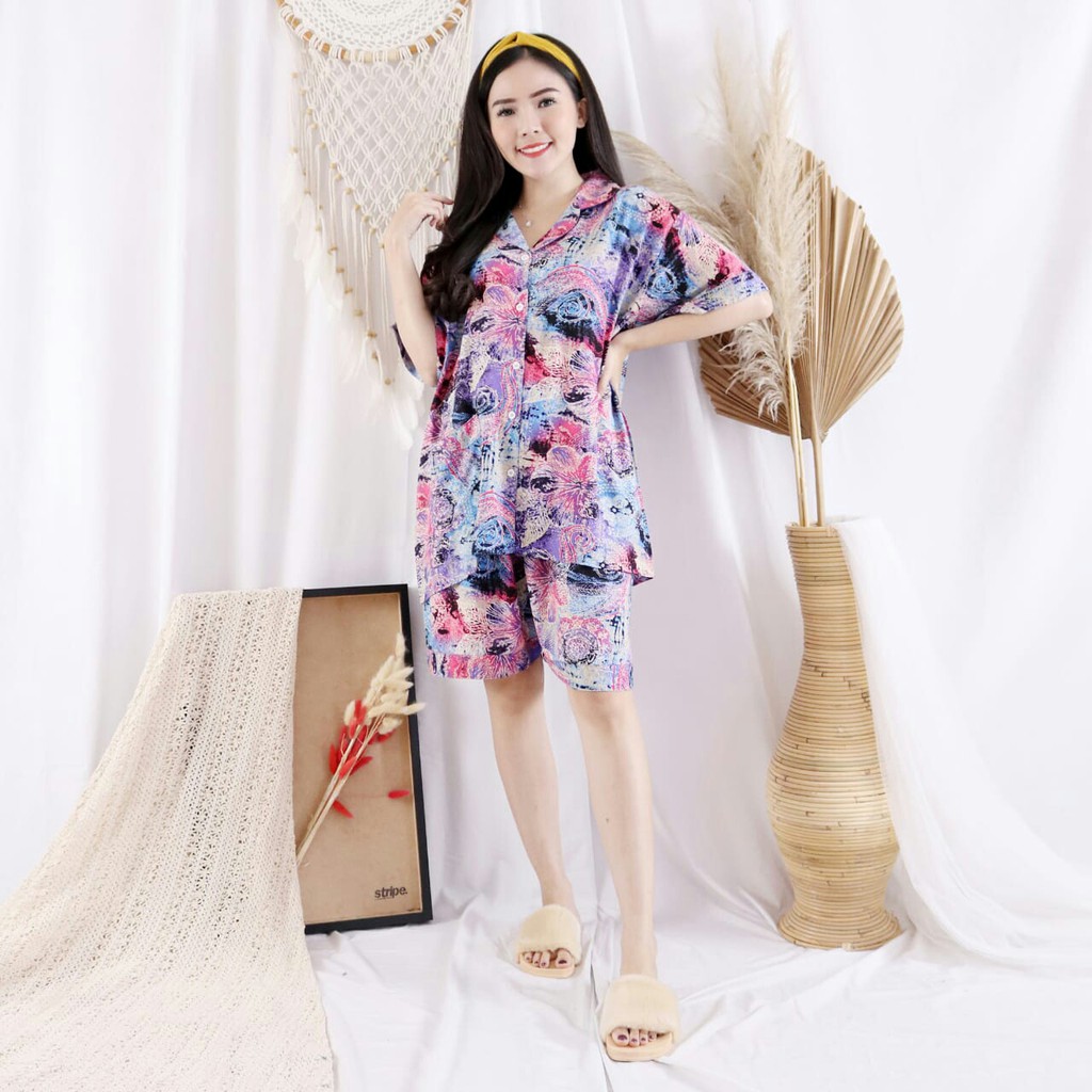 Baju tidur Set Piyama Wanita Hot Pants Darti Tie Dye Jumbo