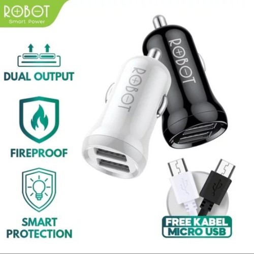 CHARGER MOBIL CAR ROBOT RT-C07 DUAL PORT USB FREE KABEL MICRO USB GARANSI RESMI NASIONAL