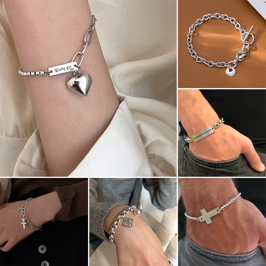 2021 Gelang Tangan Rantai Sterling silver 925 Motif Hati / Salib Untuk Pria