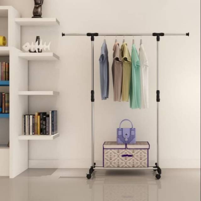 ES302 LEMARI STANDING HANGER PAKAIAN SINGLE 4 Roda Rak ES302 LEMARI STANDING HANGER PAKAIAN SINGLE 4 Roda Rak