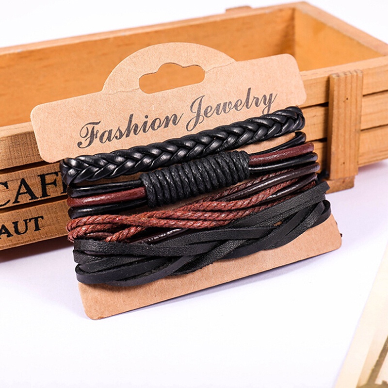 (Happy) 4pcs / Set Gelang Tangan Kulit Kepang Handmade Untuk Pria