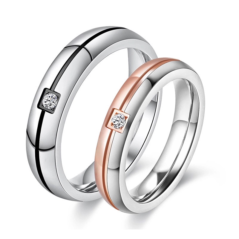 Cincin Berlian Bahan Titanium Warna Rose Gold Silver Untuk Pria Dan Wanita