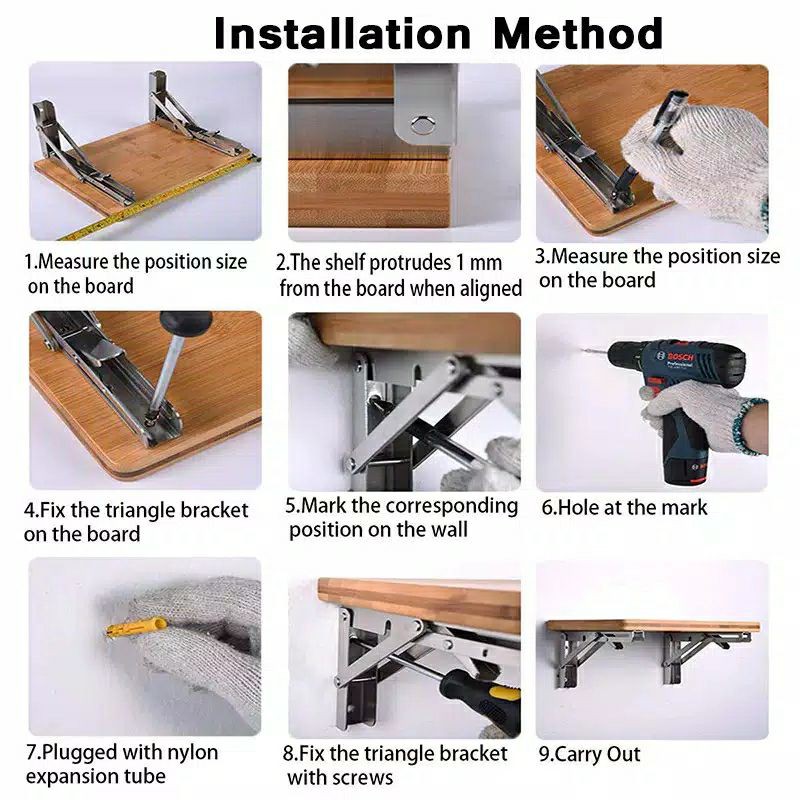 Xida Bracket Engsel Siku ambalan Rak Meja Lipat Dinding Folding Steinless Steel 65Kg