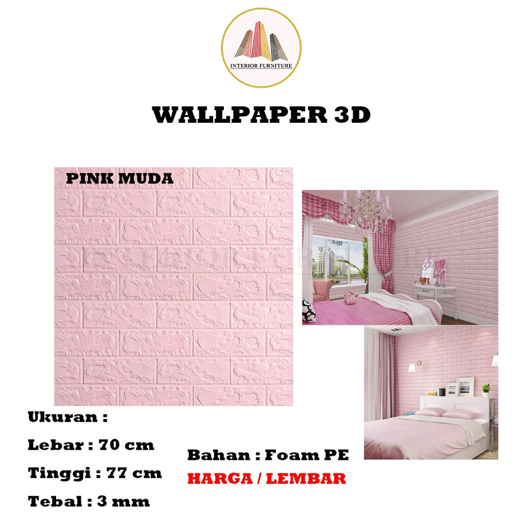 Wallpaper Dinding 3D Motif Bata Wood Foam Dekorasi Kamar Dekorasi Ruang Tamu murah 70x77cm-Pink Muda
