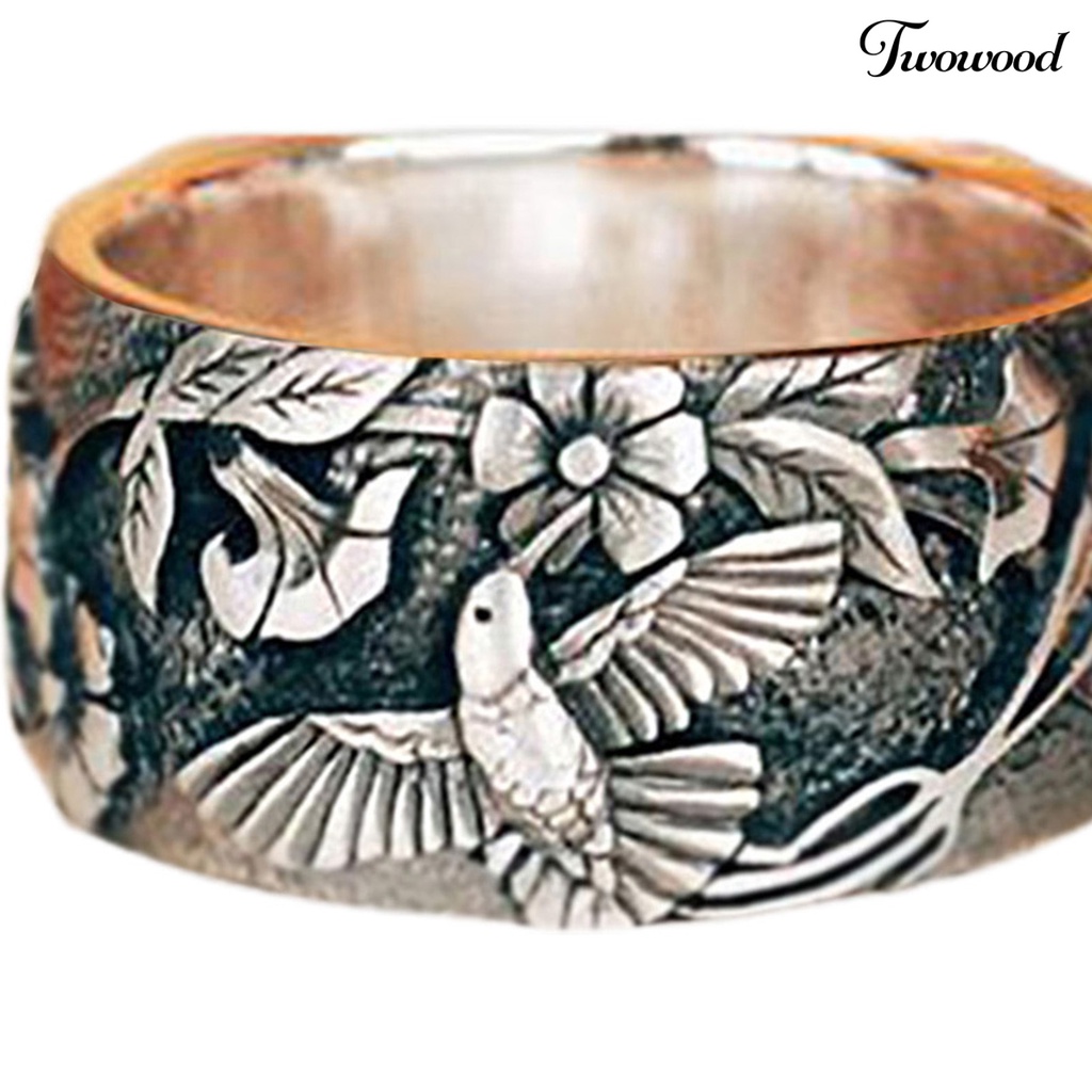 Twowood Bird Flower Pattern Unisex Ring Retro Color Alloy Wide Hip Hop Finger Ring Jewelry Accessory