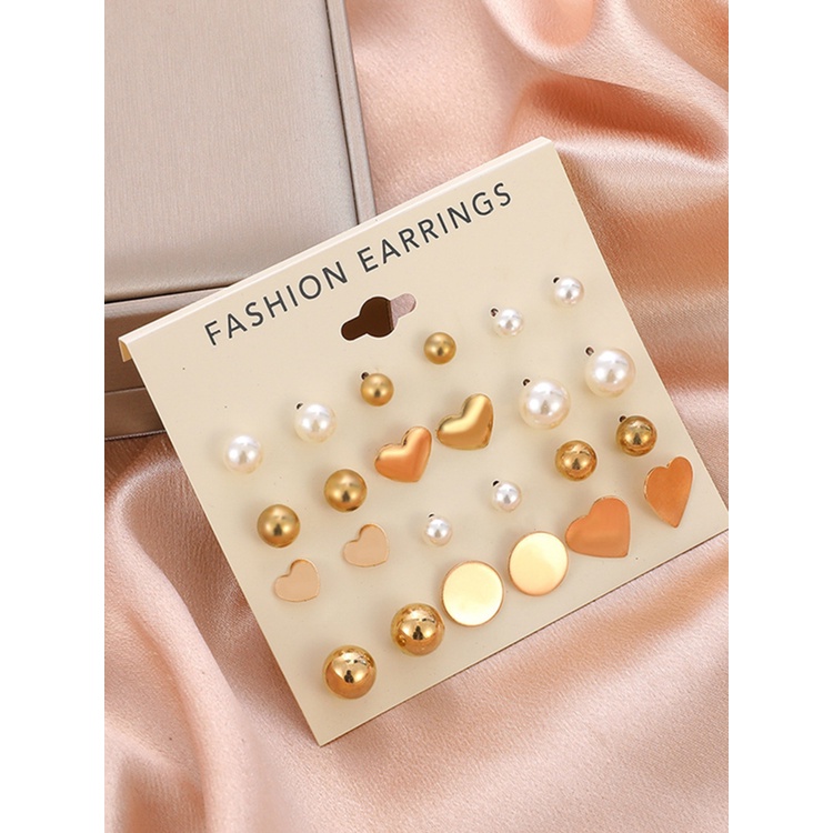 12 Pasang / Set Anting Stud Zircon Kristal Mutiara Bentuk Hati Warna Emas Untuk Wanita