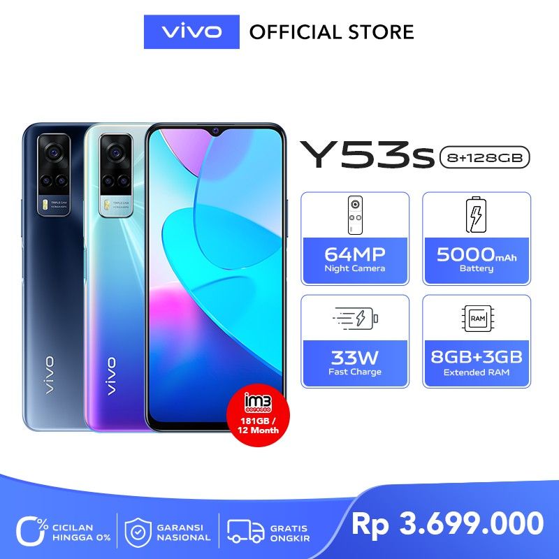 Vivo Y53s Ram 8+3Gb Extended, Rom 128Gb, Slim Design Original 100%
