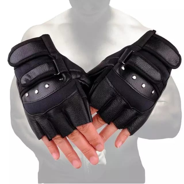 Sarung Tangan Motor Semi Kulit Knucle besi Unisex Half Finger dengan 2 Strap - W-S03