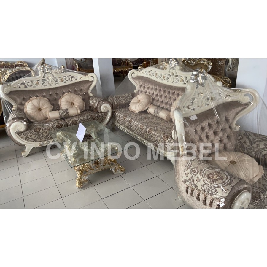 Kursi tamu klasik sultan raja sofa ukir putih silver gold kain ready makassar murah mewah