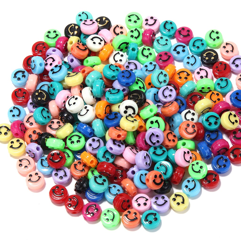 40 Pcs Manik-Manik Motif Smiley Face Warna-Warni Bahan Akrilik Ukuran 10mm Untuk Membuat Perhiasan Handmade DIY