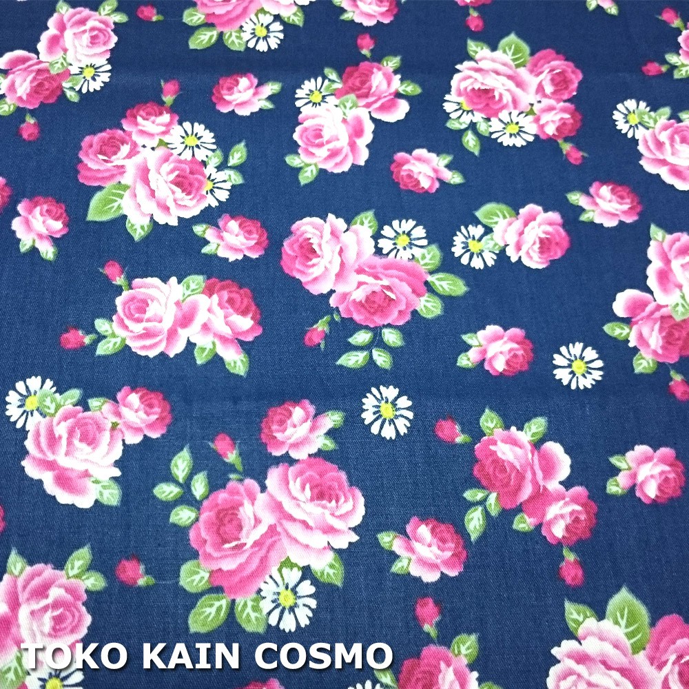 Kain katun Jepang Twill Japan Design - Bunga Rose/Mawar (Navy Blue)