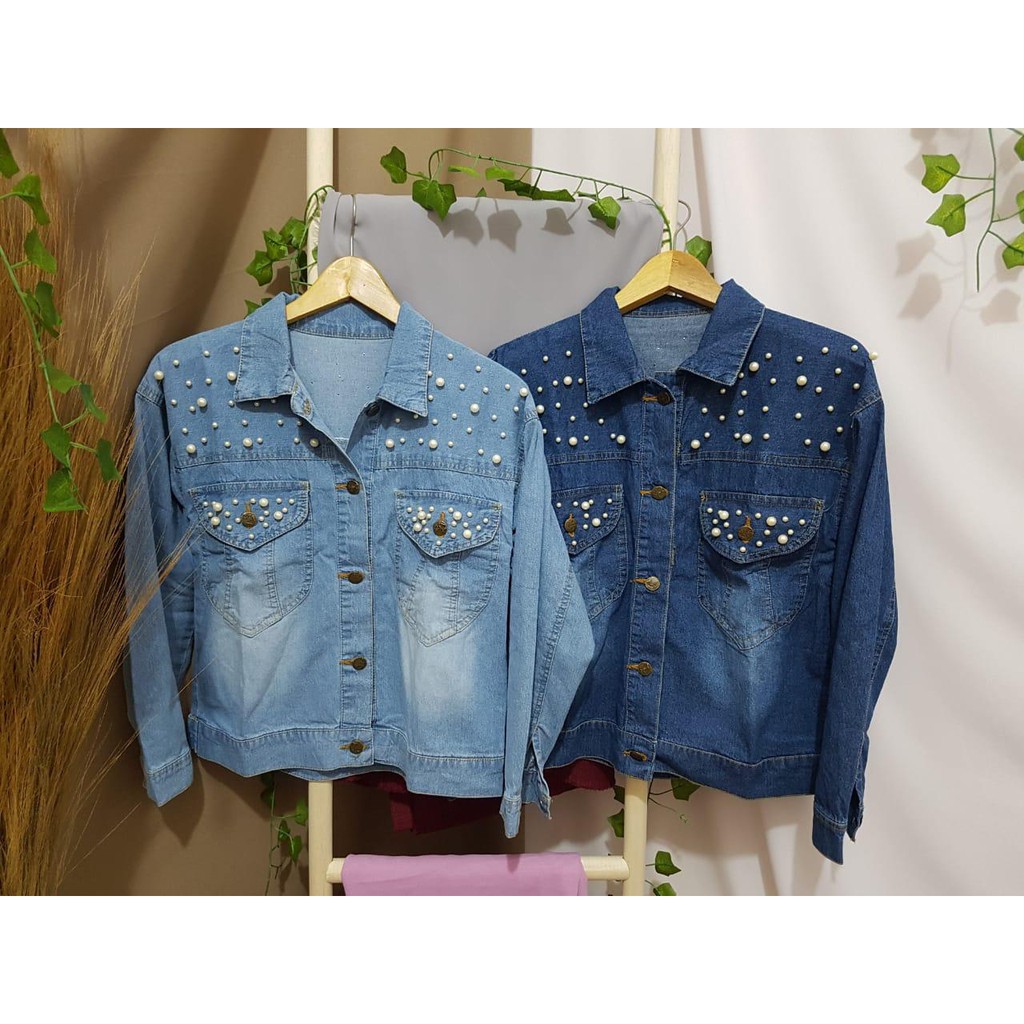 bestpromo cod - jaket jeans crop kombinasi mutiara tembak oversize crop/jaket jeans wanita / jaket