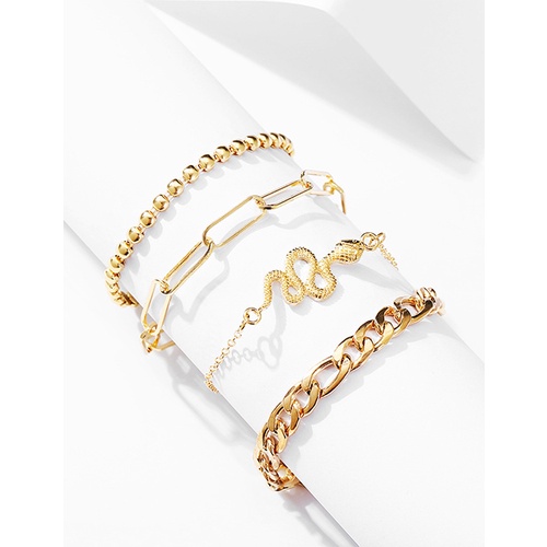 LRC Gelang Fashion Gold Color Snake-shaped Multilayer Metal Chain Anklets