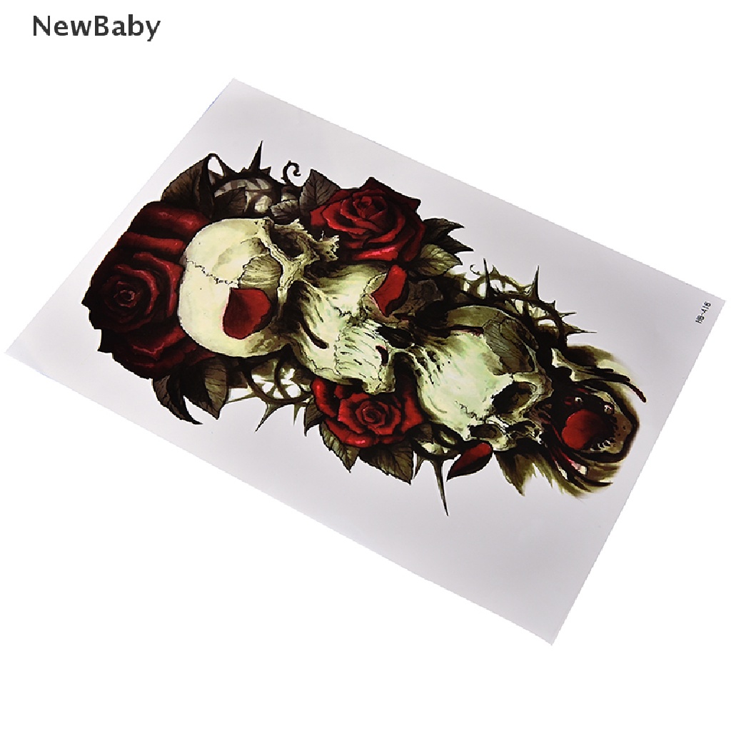 Newbaby Stiker Tattoo Temporer Motif Tengkorak + Bunga Mawar Anti Air Untuk Lengan / Tubuh Bayi