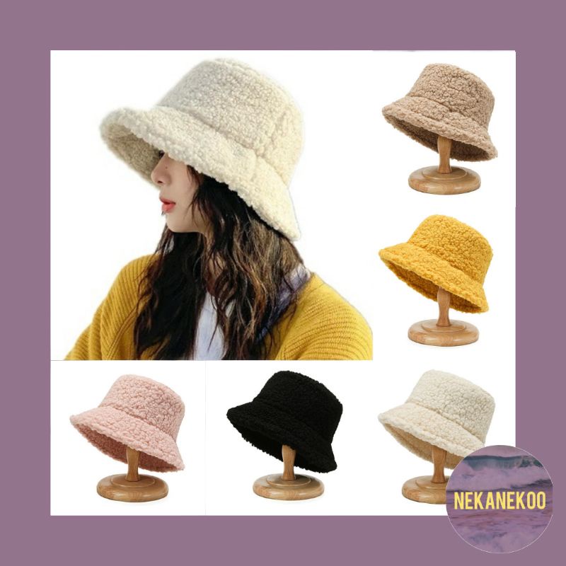BUCKET HAT TOPI CEWEK BULU DOMBA PLUSH LEMBUT PREMIUM KAI EXO ARTIS IDOL KOREA KOREAN STYLE