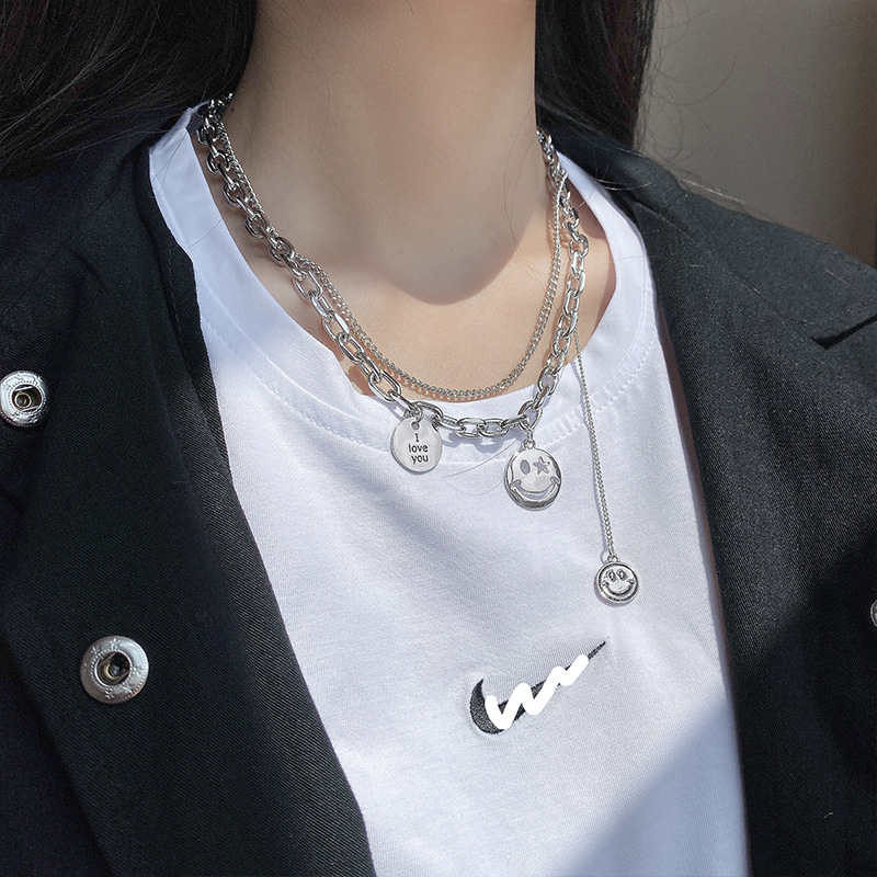 [Women Punk Chain Necklaces] [Ladies Fashion Hip Hop Clavicle Necklace] [Girls Personality Smiley Face Pendant Necklace]